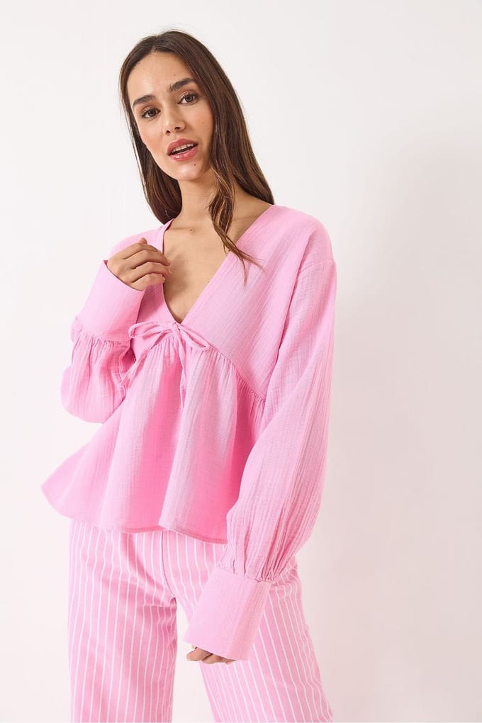 Gestructureerde V-hals Cropped Blouse met Strik