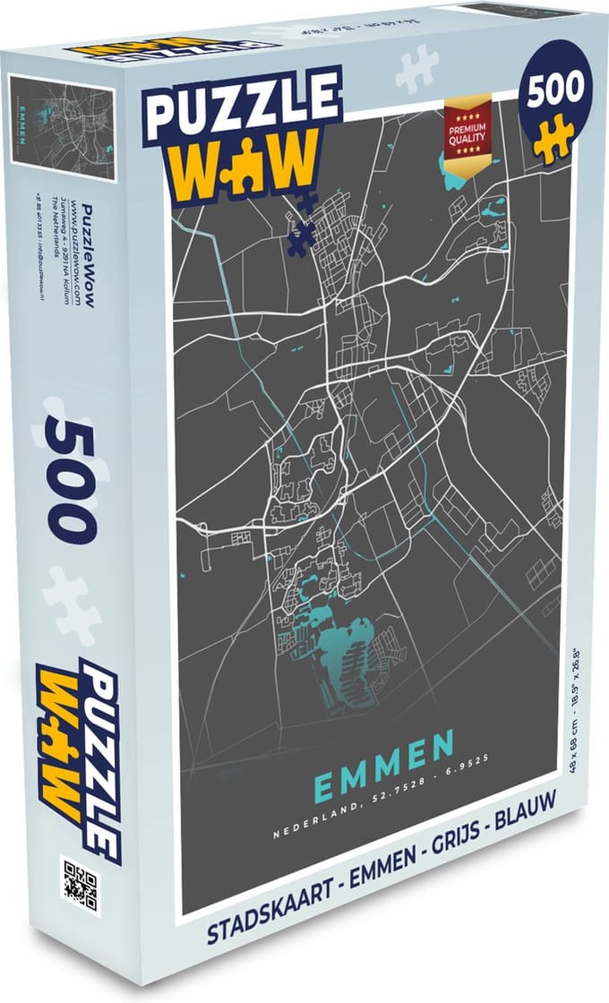 Puzzel Stadskaart - Emmen - Grijs - Blauw - Legpuzzel - Puzzel 500 stukjes - Plattegrond