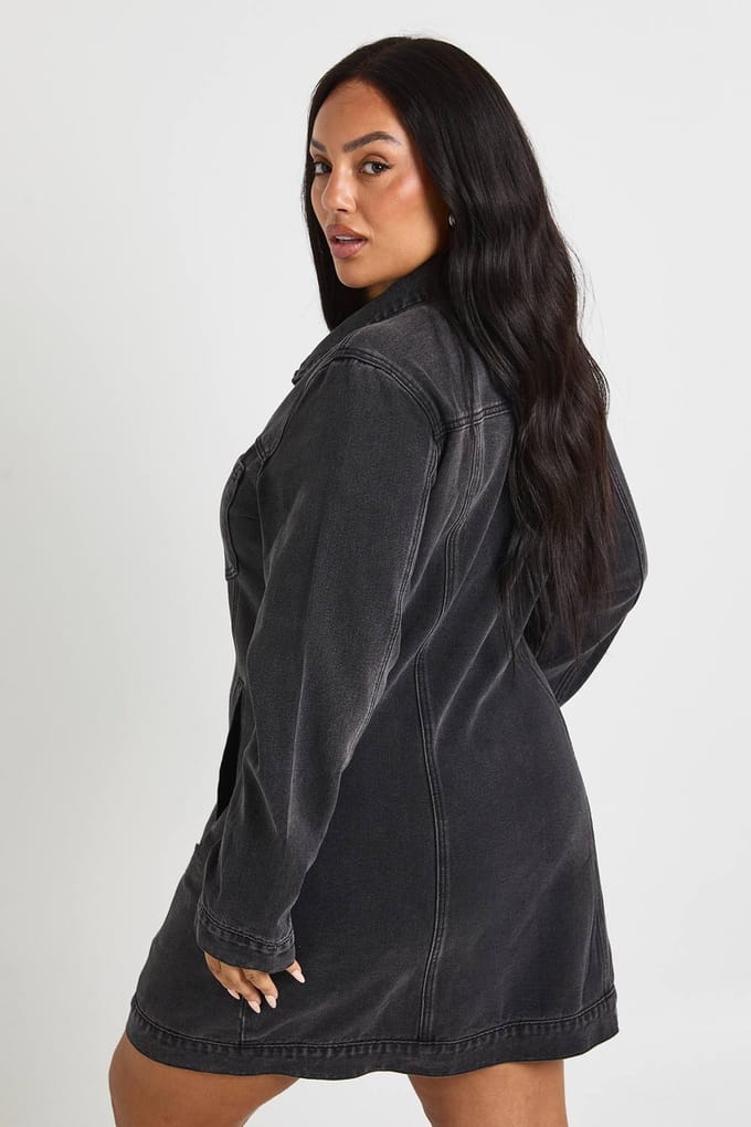 boohoo Dames Plus Western Denim Mini Jurk | Washed Black | Maat: 18