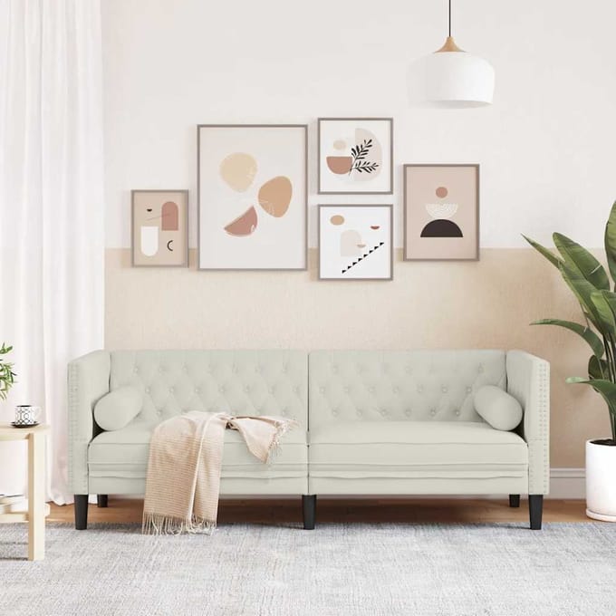 vidaXL - Driezitsbank - Chesterfield-stijl - met - bolsters - fluweel - crèmekleur