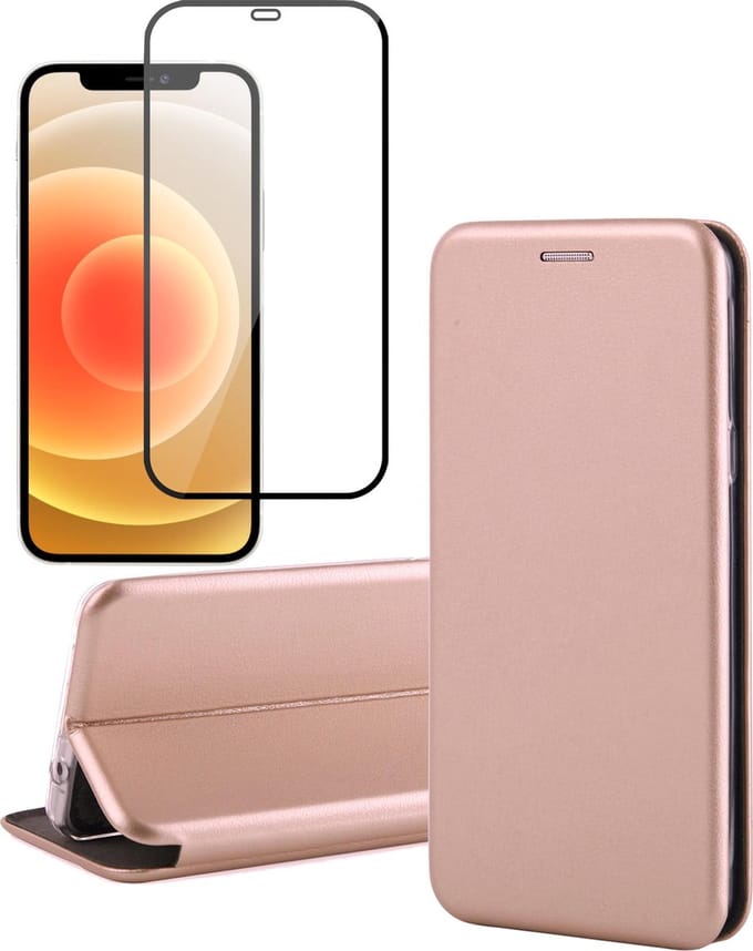 Hoesje geschikt voor iPhone 12 Mini - Screen Protector FullGuard - Book Case Kunstleer ThinShield Roségoud & Screenprotector