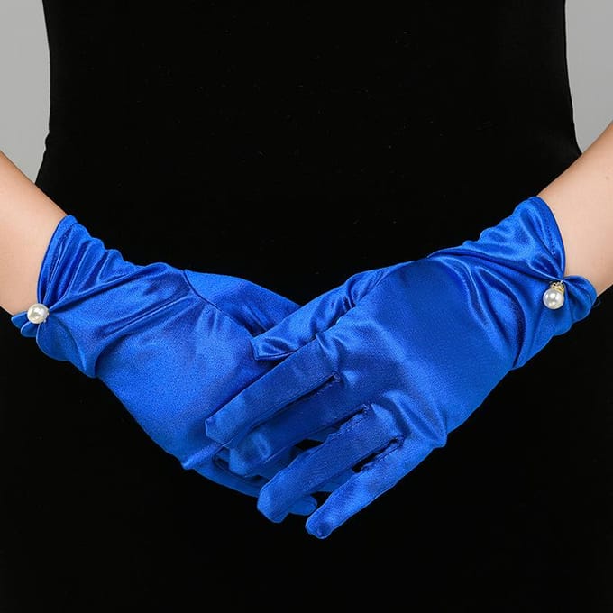 Dames Korte Satin Elastische Etiquette Jurk Handschoenen Meerkleurig Elegante Parel Rijhandschoenen Bruids Bruiloft Banket Accessoires One Size blue