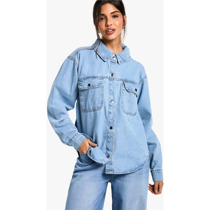boohoo Dames Denim Oversized Shirt | Light Wash | Maat: 14