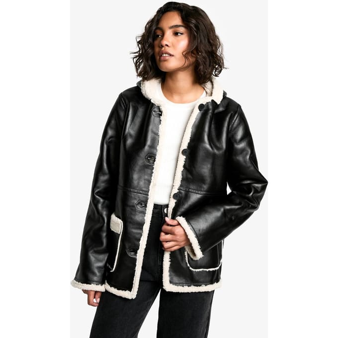 boohoo Dames Hoog Borg Voering Kunstleren Capuchonjas | Black | Maat: 8