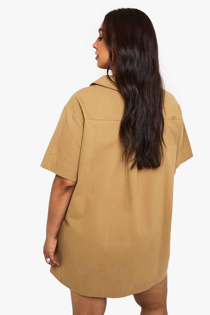 boohoo Dames Twill shiftjurk met pluskraag | Khaki | Maat: 16