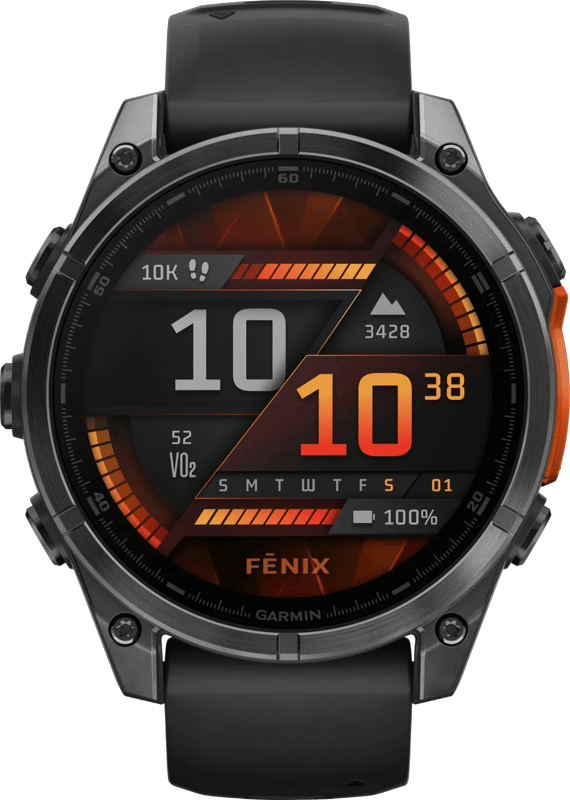 GARMIN Fenix 8 AMOLED 47 mm Smartwatch - Zwart met bijbehorend zwart siliconen bandje voor een uitstekende pasvorm.