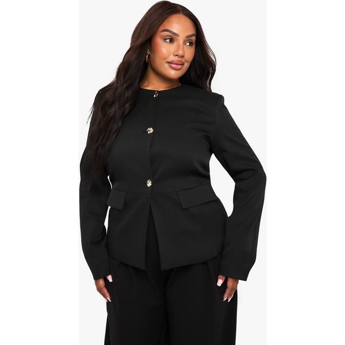 boohoo Dames Plus ronde hals gouden knoop peplum blazer | Black | Maat: 16