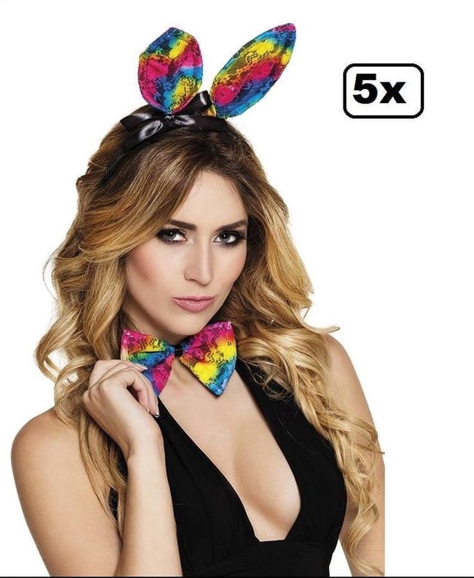 5x Bunny set Regenboog tiara en strik