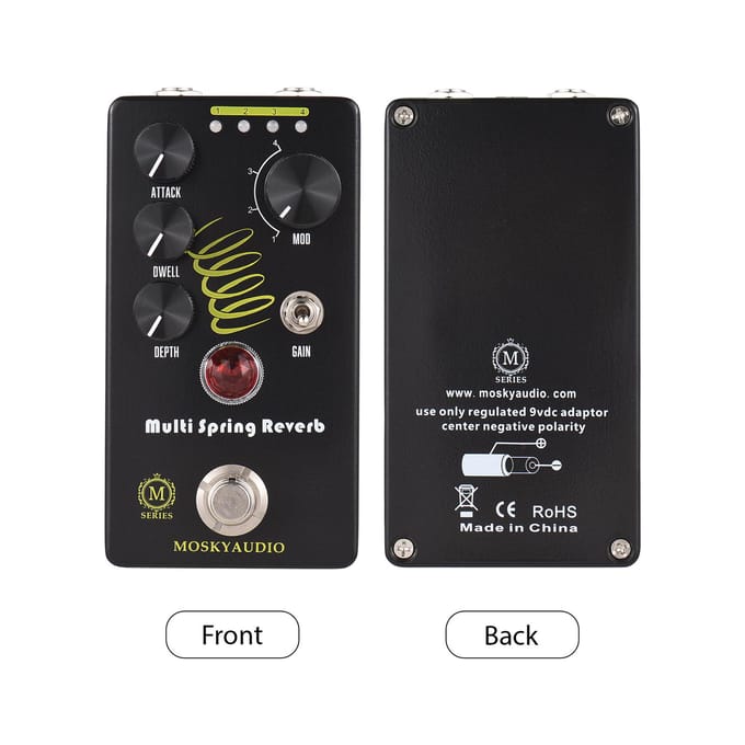 MOSKYAUDIO MULTI SPRING REVERB Gitaar Reverb Effectpedaal Attack/Dwell/Depth/GAIN/4-Modus Knop DC zwart