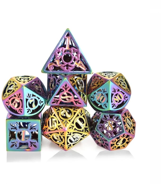 Lapi Toys - Dnd dice - Hollow dice - Polydice - Incl. dice bag - Metaal - Regenboog