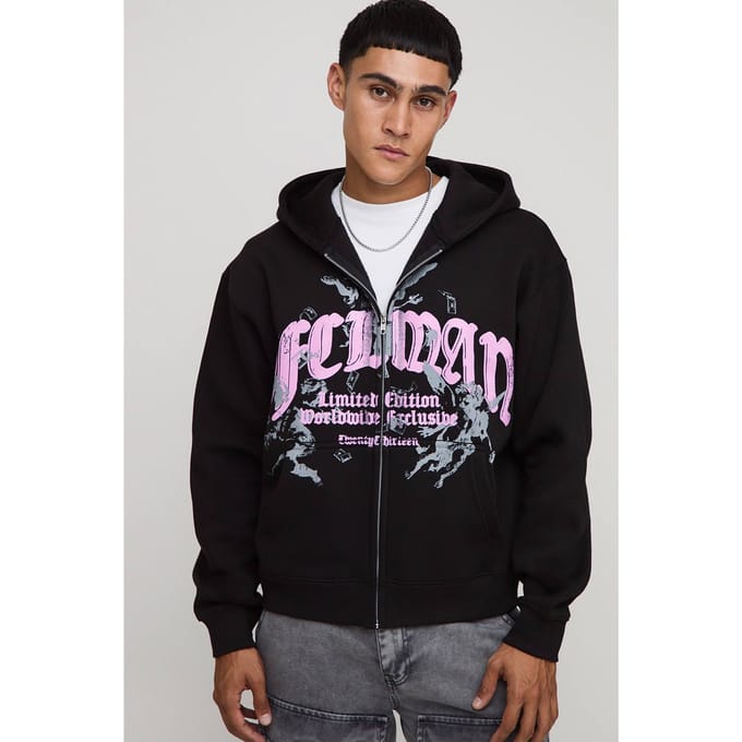 Zwarte oversized boxy zip-through hoodie voor mannen met print | Black | Size Medium