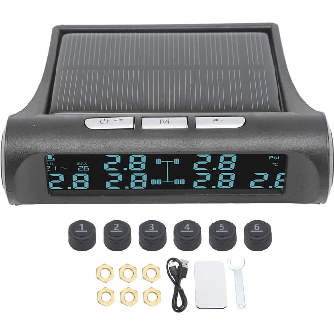 Système de surveillance de la pression des pneus TPMS à énergie solaire sans fil avec écran LCD et 6 capteurs, étanche IP68 black