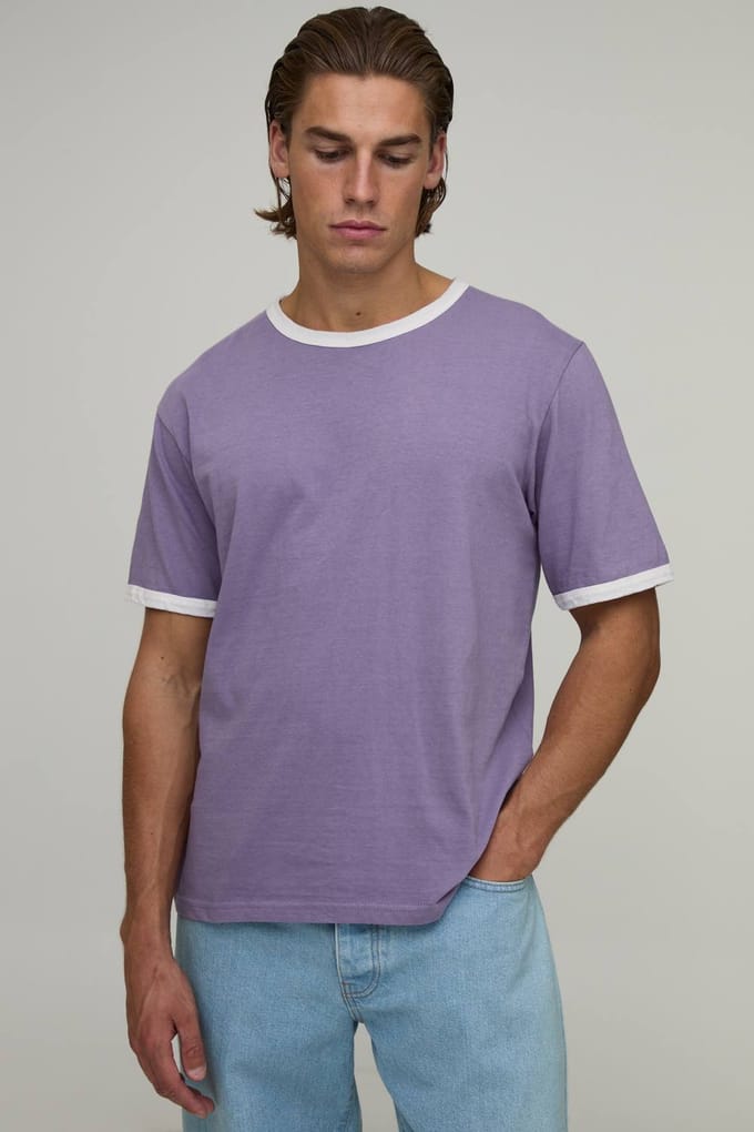 Regular Fit Vintage Wash Ringer T-shirt | Purple | Size Small