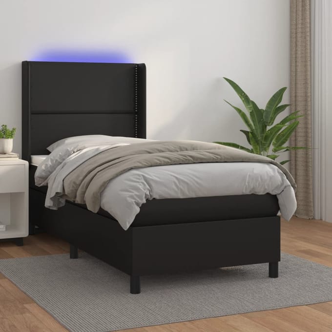 vidaXL - Boxspring - met - matras - en - LED - kunstleer - zwart - 90x190 - cm
