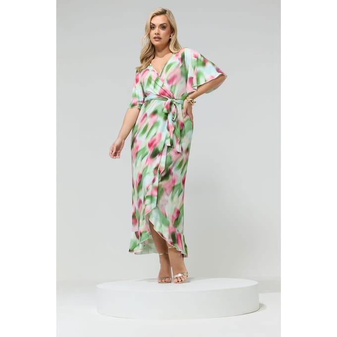 Yours London Groen En Roze Abstracte Wikkeljurk Met Ruches Ruchezoom Size 44