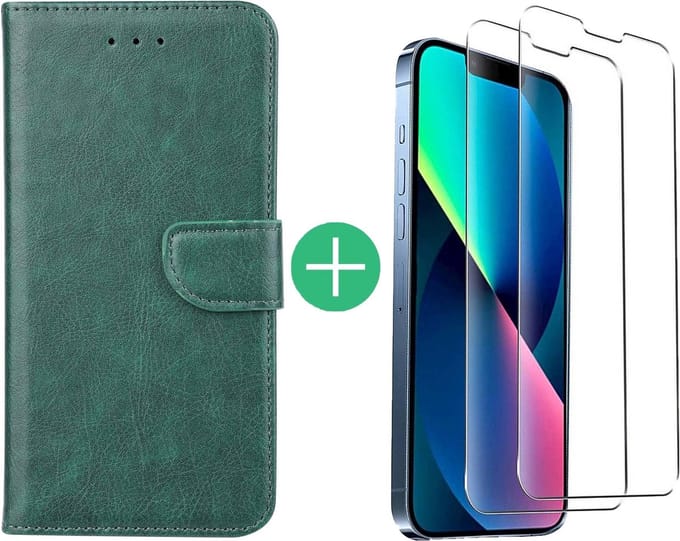 Hoesje Geschikt voor iPhone 13 Mini bookcase met 2 Pack Screenprotector gehard glas – Groen