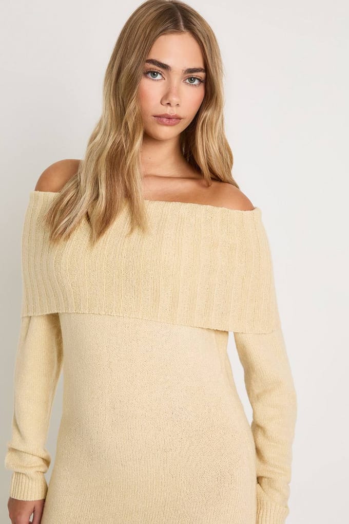 boohoo Dames Premium Oversized Bardot Halslijn Maxi Jumper Jurk | Stone | Maat: Medium