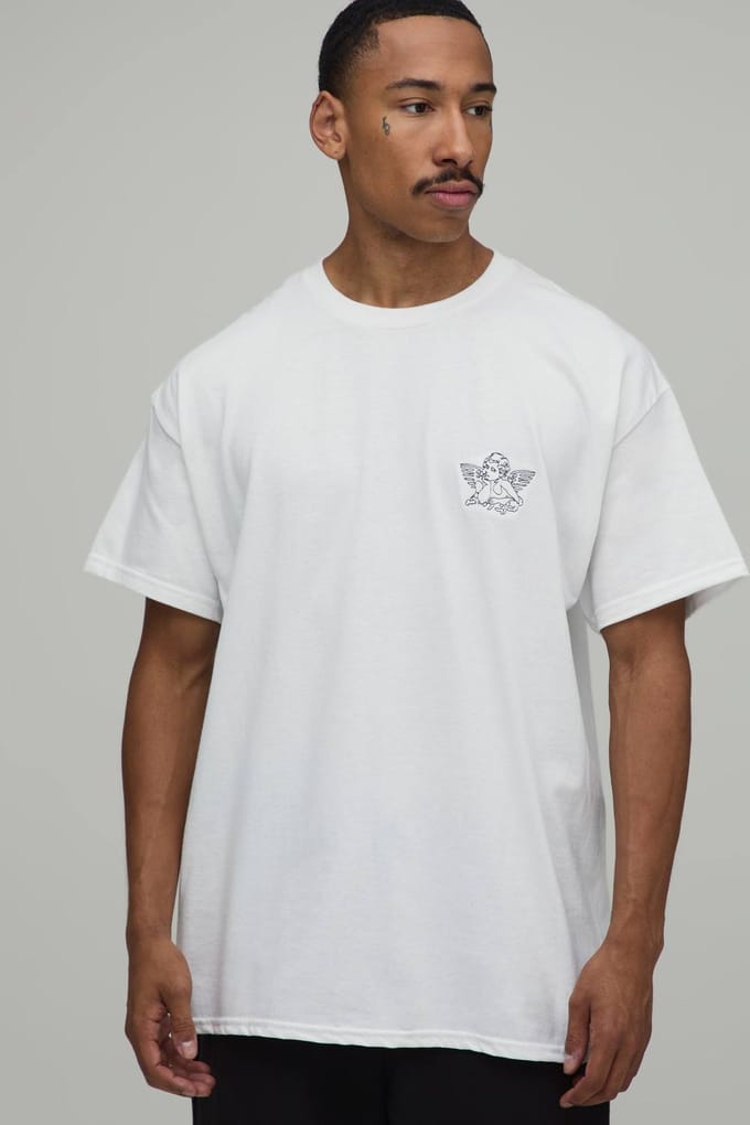 Oversized T-shirt Met Geborduurd Engelenmotief | White | Size Small