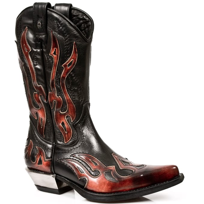 New Rock Flame geaccentueerde zwart/rode halfhoge cowboylaarzen-7921-S2