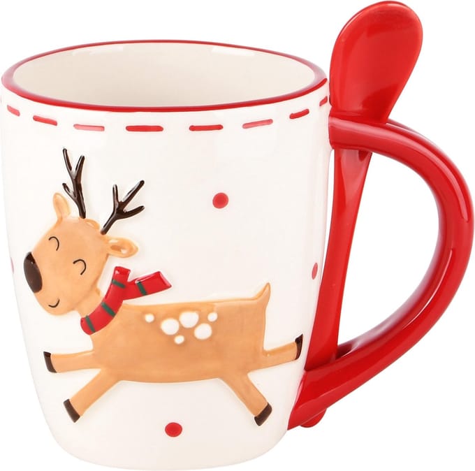 Dekoratief | Mok m/lepel m/rendier, dolomiet, wit/rood, 13x9x11cm | A245040