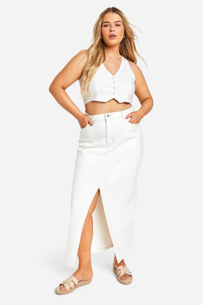 boohoo Dames Plus Ecru Denim Split Front Maxi Rok | Maat: 28