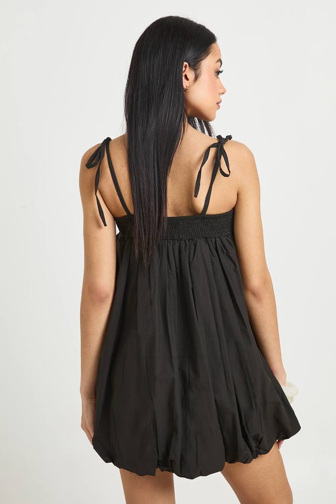boohoo Dames Katoenen Popeline Pofbal Mini Jurk | Zwart | Maat: 42