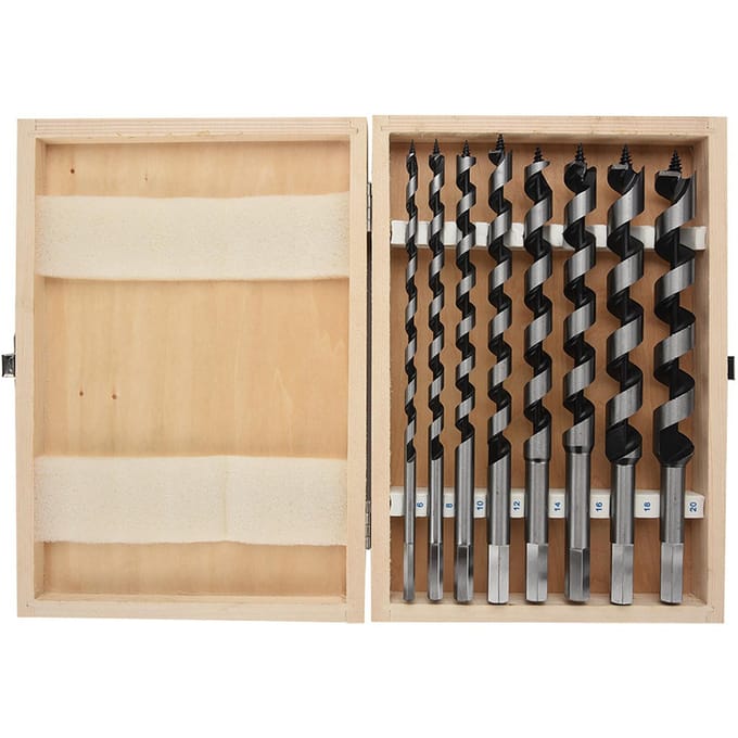 Ensemble de 8 mèches de tarière en acier au carbone Coffret en bois Queue hexagonale usinée Mèche de perçage