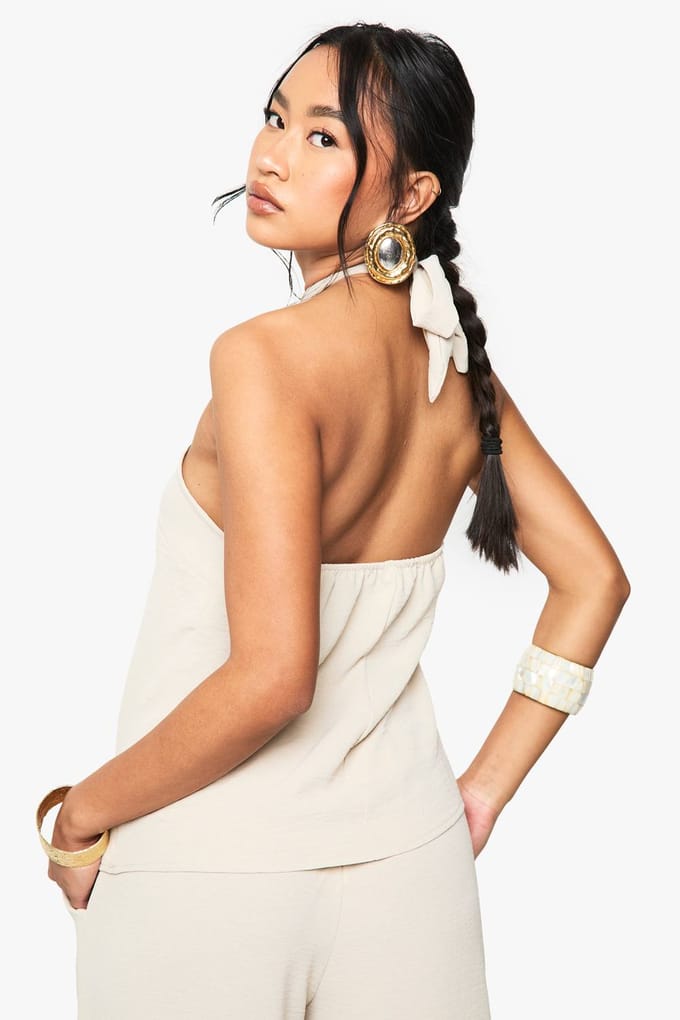 boohoo Dames Geweven gehamerde knoop tie-cami | Stone | Maat: 10