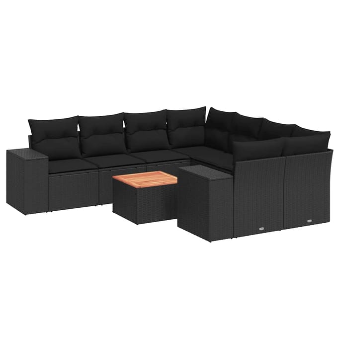 vidaXL - 9-delige - Loungeset - met - kussens - poly - rattan - zwart
