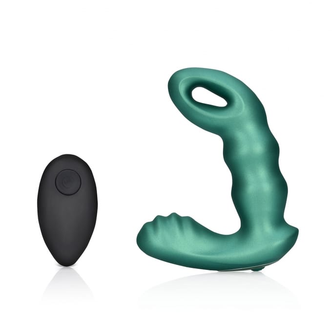 Shots - Ouch! OU907MGR - Beaded Vibrating Prostate Massager with Remote Control - Metallic Green