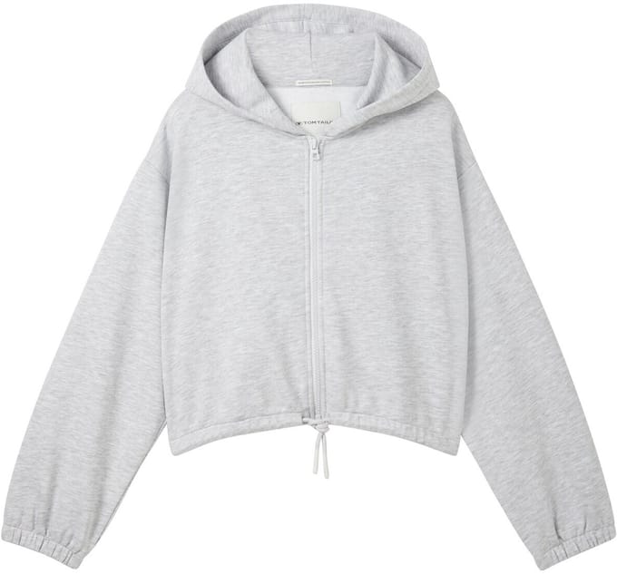 Tom Tailor - Korte hoodie-sweatjack met trekkoord - Maat 152 - Light Stone Grey Melange