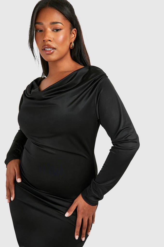 boohoo Dames Plus Cowl Neck Slinky Mini Jurk | Black | Maat: 28