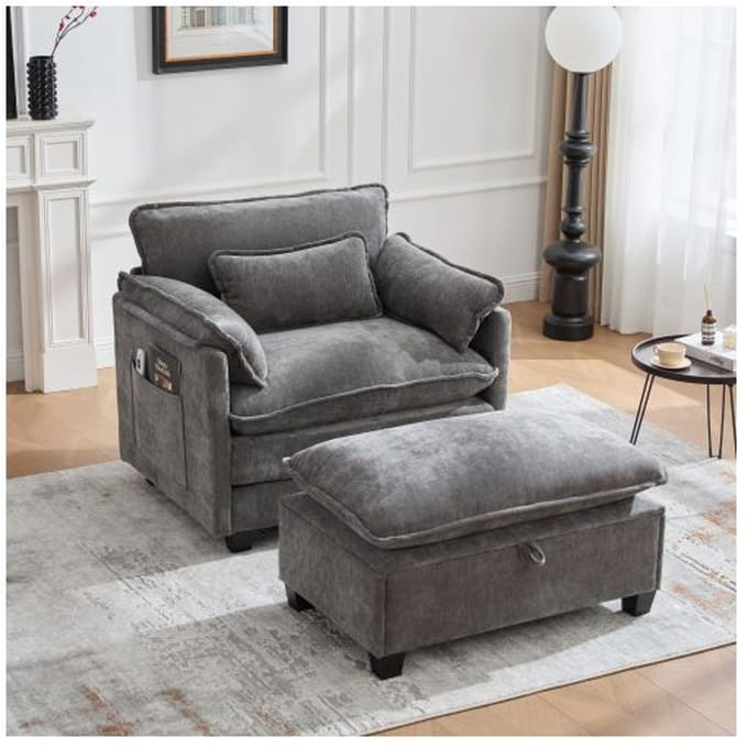 Moderne fauteuil - MUVOE - Ligstoel - Chenilletextiel - Voetensteun - Zijvak