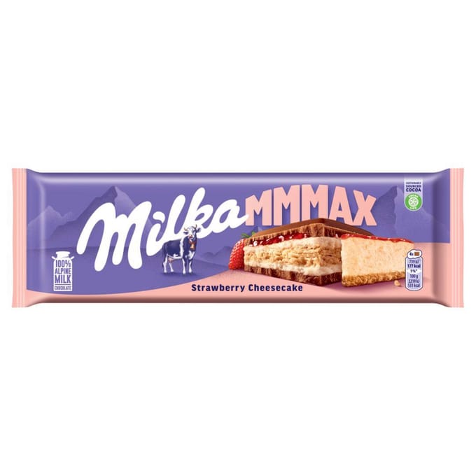 Milka Mmmax Koekje met cheesecakevulling en aardbeienvulling in melkchocolade 300 g