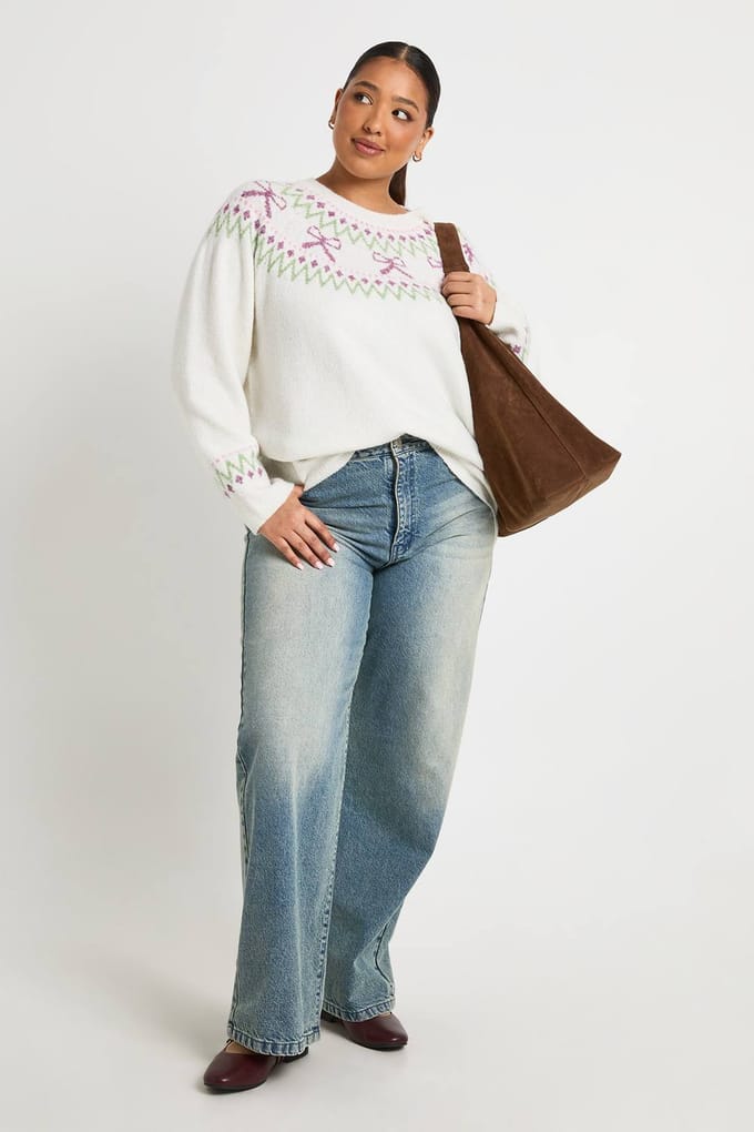 boohoo Dames Plus Bow Fairisle trui | Ivory | Maat: 16-18