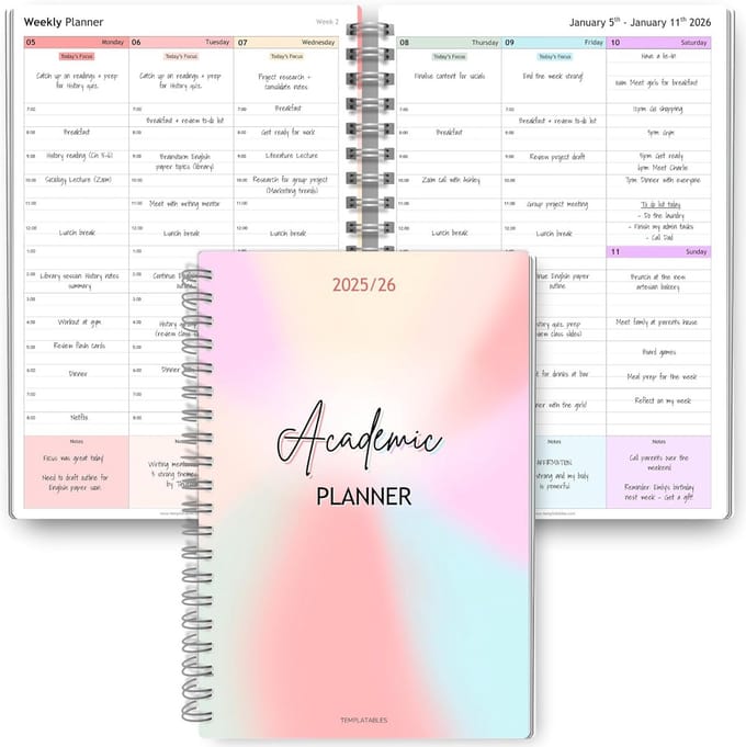 Academische Planner 2025-2026 A5 - Wekelijkse Tijdblok Indeling & Maand-/Jaaroverzicht