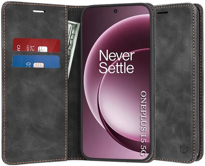 Hoesje geschikt voor OnePlus 15 - Techsuit Confy Book Wallet Case - Zwart