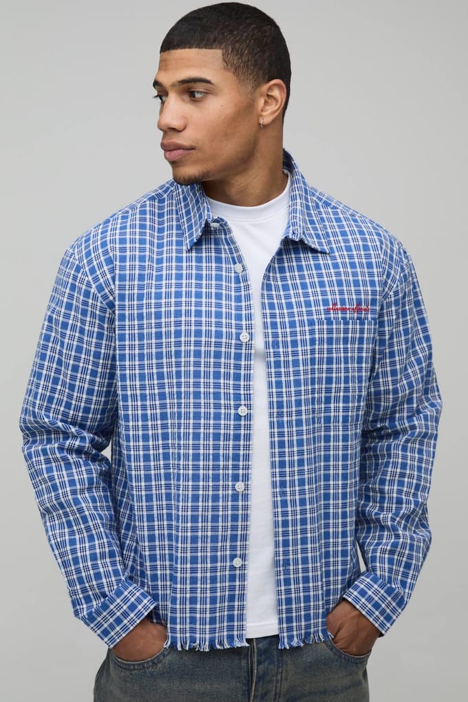 Oversized Boxy Geruit Overhemd Met Ruwe Zoom | Blue | Size Small