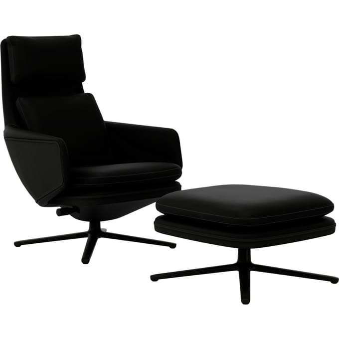 Vitra Grand Relax met Ottoman - Leer zwart - basic dark gepoedercoat
