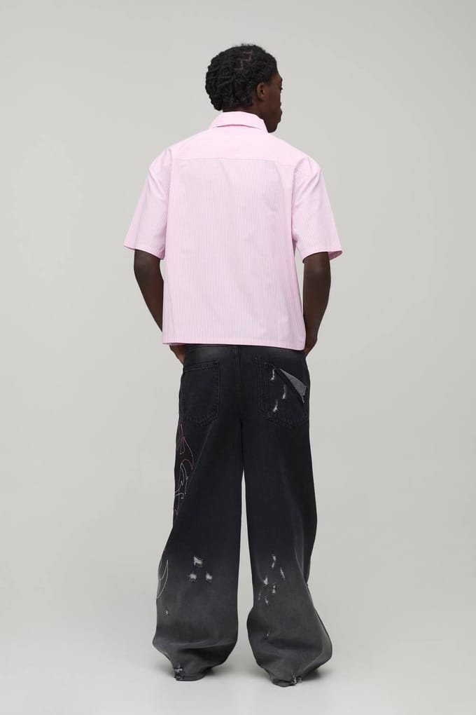 Oversized Boxy Shirt Met Korte Mouwen, Streeppatroon En Oogjesdetail | Pink | Size Medium