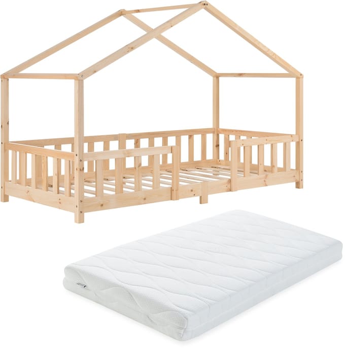 Kinderbed Treviolo met uitvalbeveiliging en matras 90x200 cm naturel [en.casa]