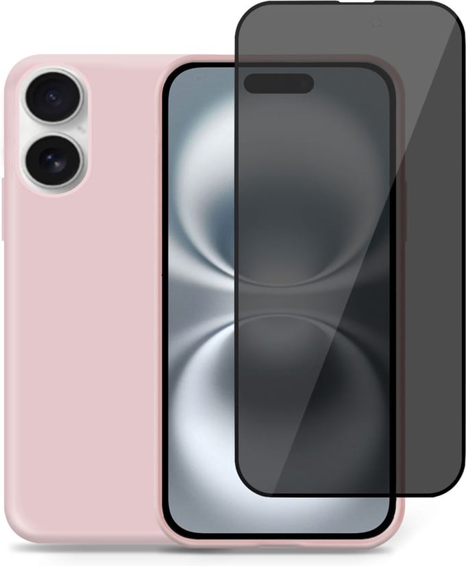 Hoesje + Privé Screenprotector geschikt voor Apple iPhone 16 Plus – Privacy Tempered Glass - Back Case Cover Roze