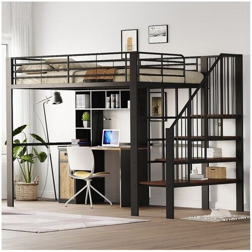 Merax Hoogslaper 140 x 200 cm met brede trap - Metaal + Multiplex + MDF - Lattenbodem - Zwart