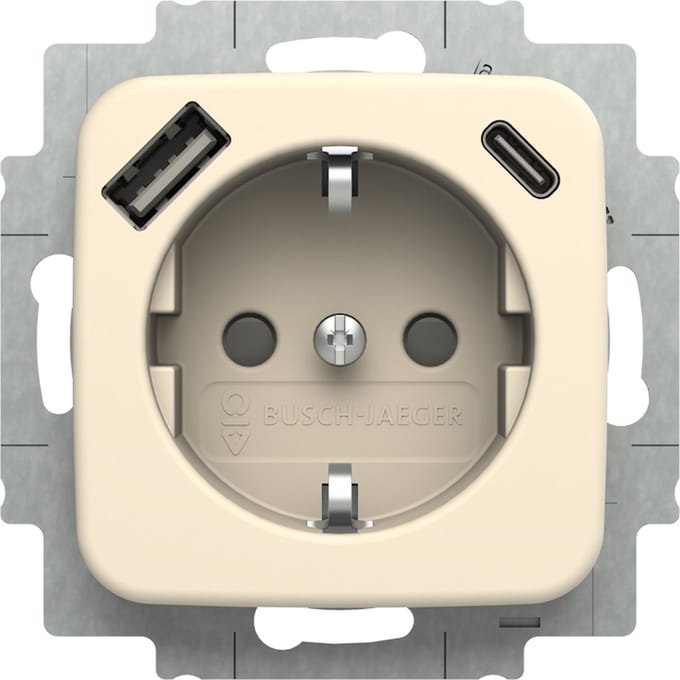 Busch Jaeger Reflex SI wandcontactdoos met 2x USB-Lader kinderveilig wit-crème 20 EUCB2USBAC-212