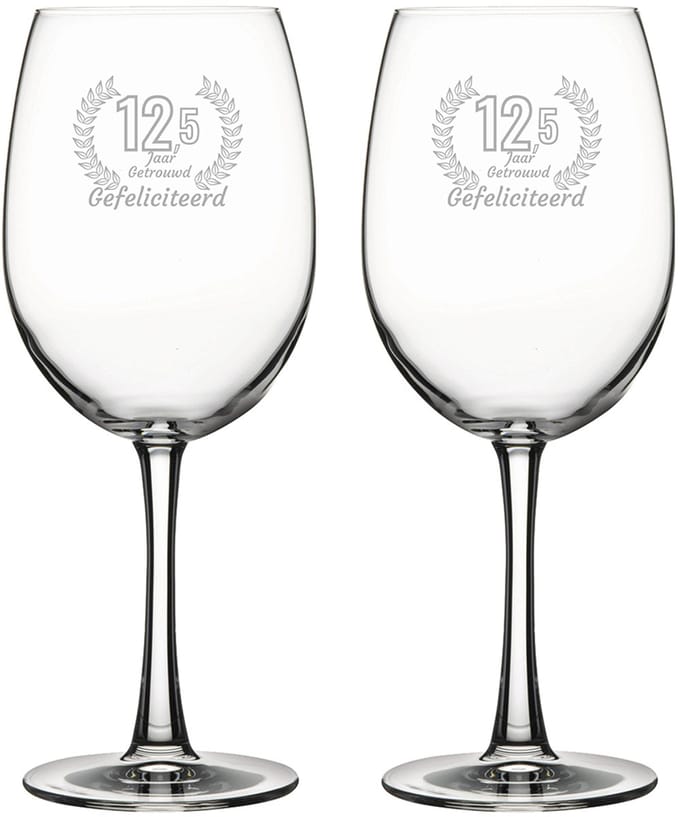 Gegraveerde set rode wijnglazen 58cl Gefeliciteerd 12,5 jaar getrouwd