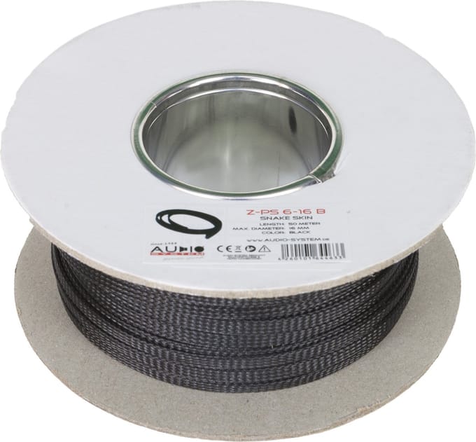 AUDIO SYSTEM Professionele gevlochten kous. Rol van 50 mtr. Diameter 6 tot 16 mm Zwart