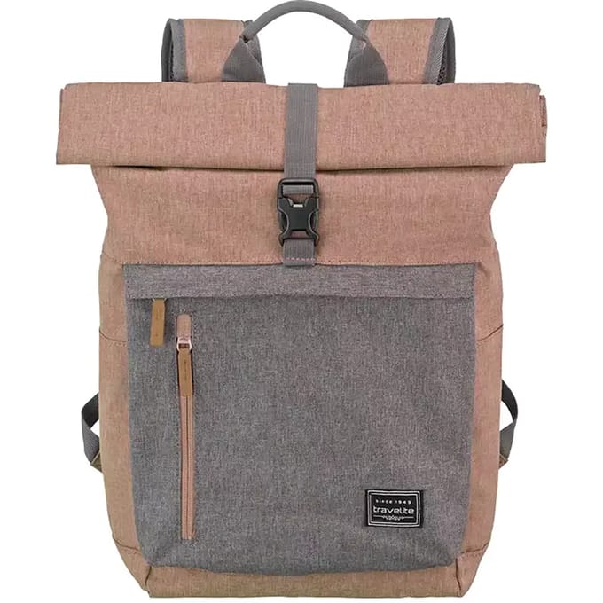 Travelite Basics Rollup Backpack 35 liter - Roze/Grijs – Rolltop rugzak – Van polyester – Laptop rugzakken, laptoptassen en rugtassen