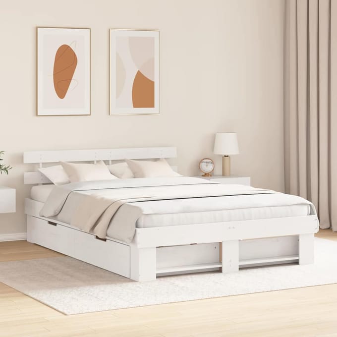 vidaXL - Bedframe - met - hoofdeinde - Wit - 160 - x - 200 - cm - Massief - grenenhout
