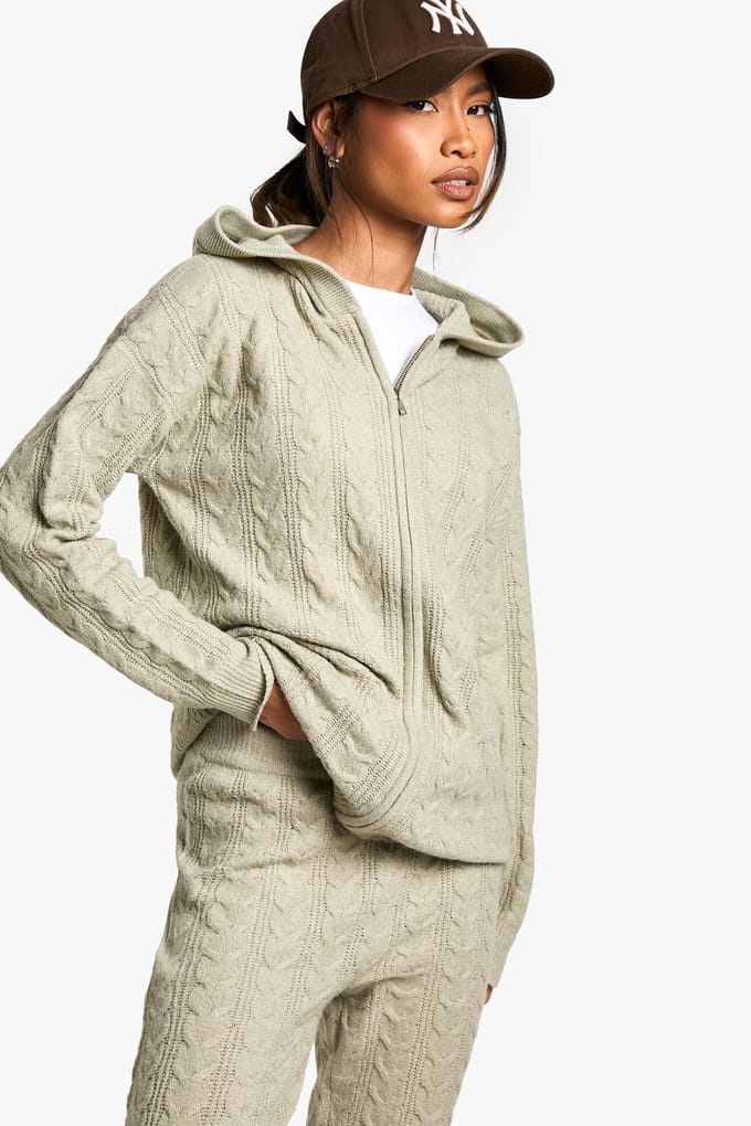 boohoo Dames Zacht kabelgebreid trainingspak met zip-through capuchon | Stone | Maat: Medium
