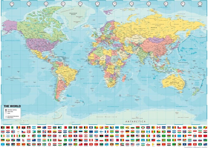 Wereldkaart Poster - Werelddelen en Oceanen - 50x70cm